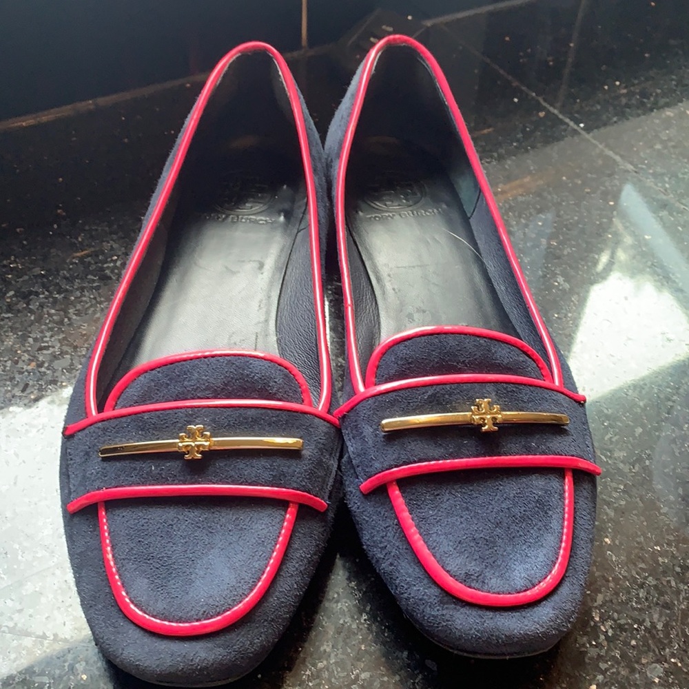 Navy and pink Tory Burch loafers
